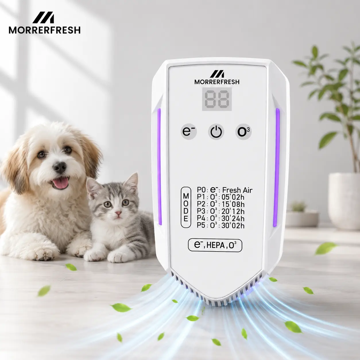 Morrerfresh Pet Odor Eliminator with Free Cleaning Brush, Smart Plug-In Air Ionizer & Cat Litter Deodorizer, 5-Mode Automated Ozone Odor Removal Machine for Dog Poop Smell, Basement, White