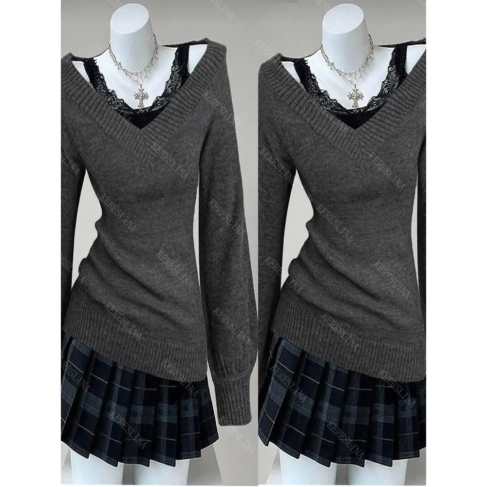 Solid color faux two-piece V-neck women's sweater streetwear Retro sexy Harajuku 2000s fashion kawaii autumn/winter sweater EMO
