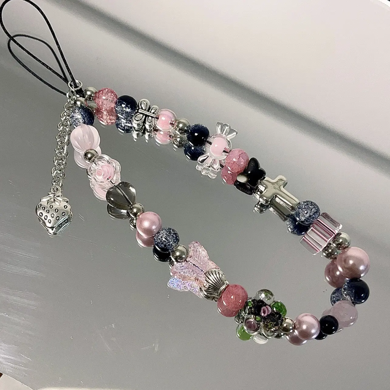 Adjustable Black Pink Beads Phone Strap - INS Sweet Cool Wind DIY Beads Lanyard, CCD Camera & Polaroid Anti-Lost Accessory, Tech Accessory for Electronics, Accessories, Tech Accessories