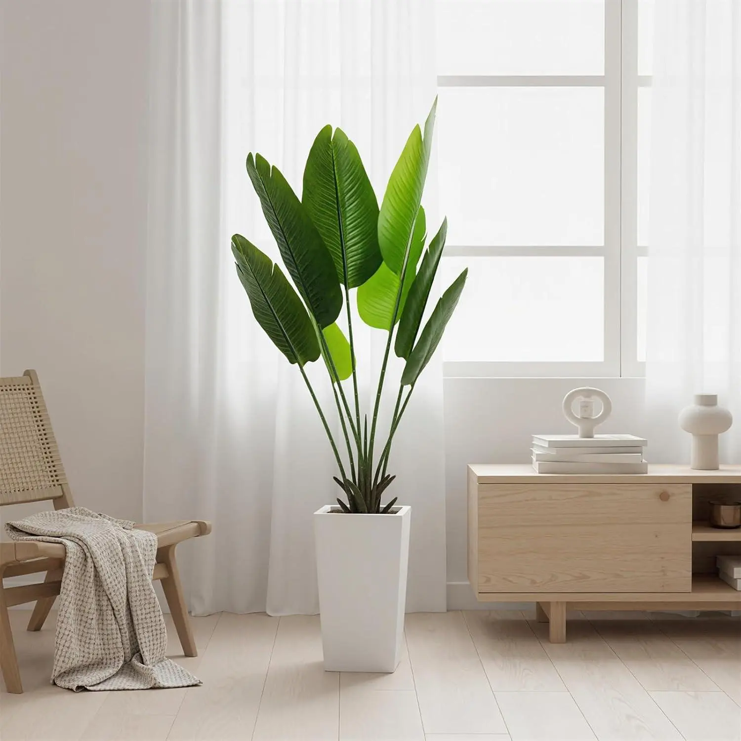 GARVEE 4.7 FT Artificial Banana Tree Plant Realistic Fake Indoor OutdoorPlant with White Planter for Home Office Decor