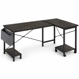 "Escritorio en L 49'' con Estantes Reversibles, Escritorio Esquinero Pequeño para Oficina en Casa, Mesa de Estudio y Juego, Escritorio PC con Tomas de Corriente y Almacenaje Reversible para Dormitorio"