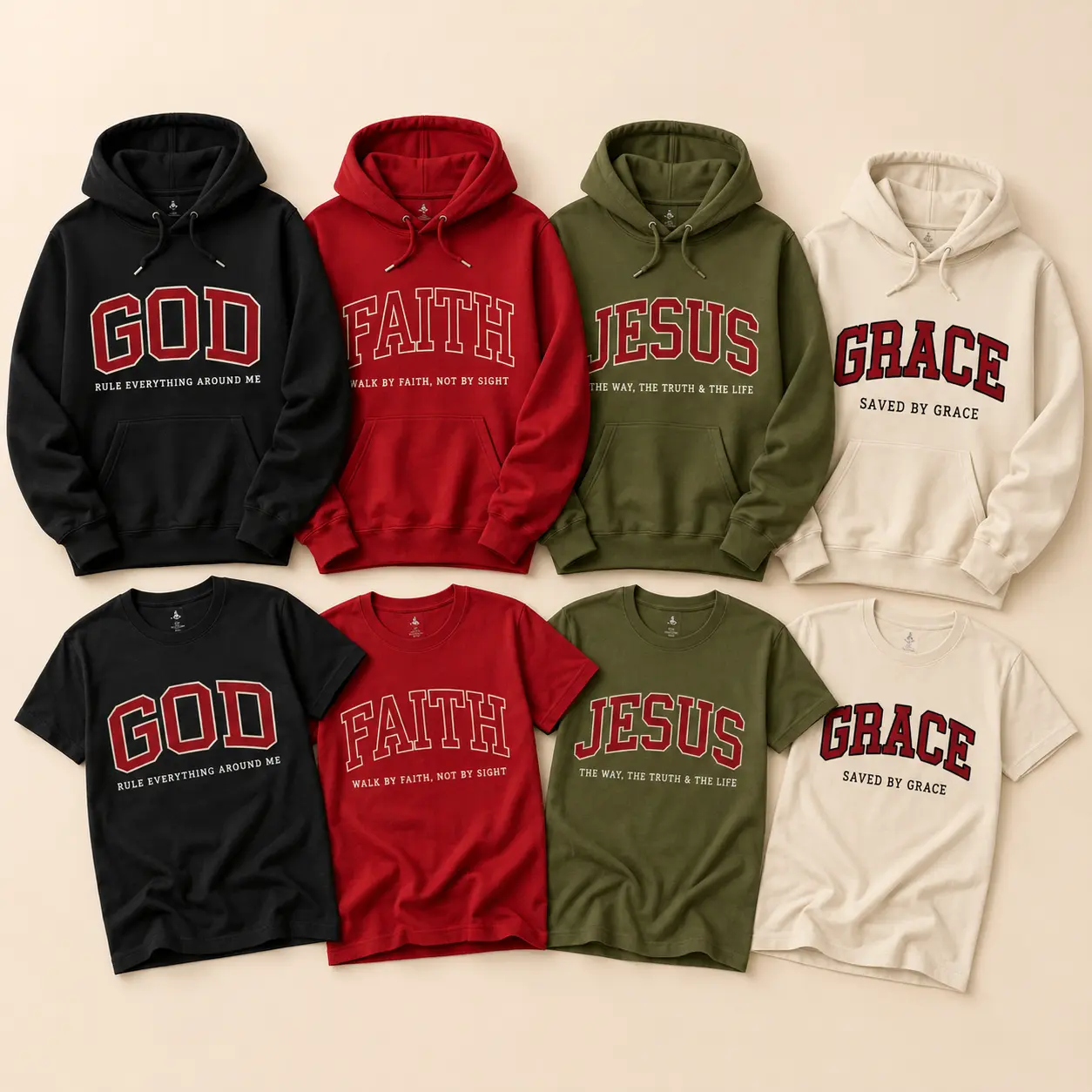 Christian Faith Arched Varsity Graphic Hoodie and T-Shirt, Jesus God Faith Grace Bible Verse Quote Shirt for Men Women, Vintage Religious Apparel, Unisex Gospel Streetwear Gift Hoodie Tee