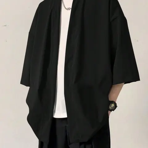 Men's Solid Color Open Front Jacket, Regular Fit Casual Comfy Kimono Outerwear for Daily Wear, Men's Clothing for All Seasons, Menswear