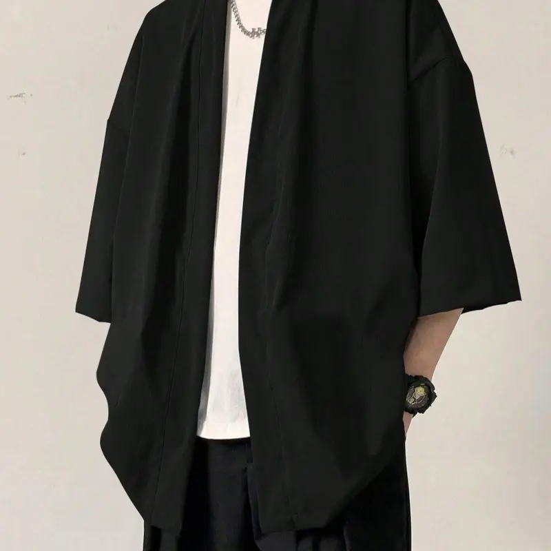 Men's Solid Color Open Front Jacket, Regular Fit Casual Comfy Kimono Outerwear for Daily Wear, Men's Clothing for All Seasons, Menswear