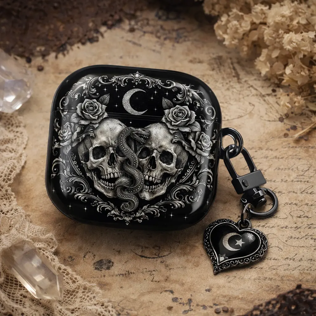 NO KEYCHAIN INCLUDED Gothic Skull Snake AirPods Case, Black Aesthetic Crescent Moon Earbud Cover for AirPods Gen 1 2 3 4, Dark Witchy Protective Case Gift
