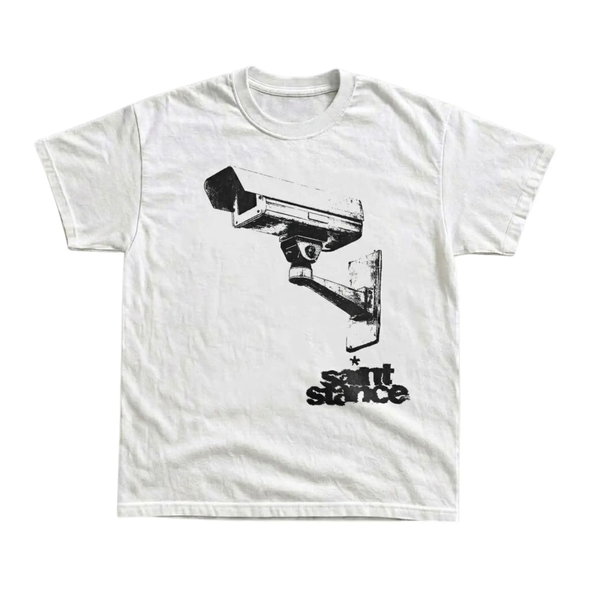 Cyberpunk Security Camera Graphic Tee, Monochromatic CCTV Surveillance Camera Graphic With Typography Print, Unisex Streetwear Tee For Dark Aesthetic Fans, Punk Grunge Outfit