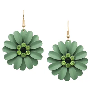 Summertime Fun Daisy Flower Earrings Set - Green Earrings with Crystal Rhinestones, Matching Gold Tone Fish Hook Wire Earrings, 16"-19" Length, Non Tarnish