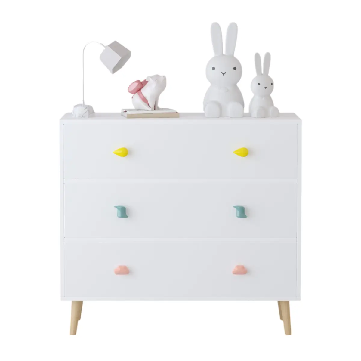 Kids' White MDF Wooden Storage Cabinet with 3 Drawers - Solid Wood Legs, Anti-Tipping Device, Cartoon Pulls, Easy Assembly, Floor-Stable, Euro Glide Smooth Drawers, Blanket Storage Fit, Bedroom Nightstand, Nursery To Living, Assembly Required