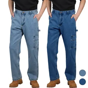 WORK IDEA Menswear Fitted Carpenter Work Jeans - Cotton Denim Trouser Pants, Plain Design, Tool Pockets, Hammer Loop