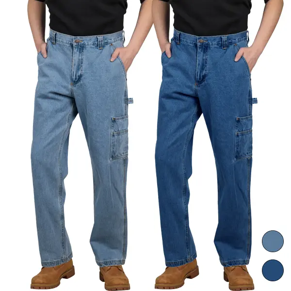 WORK IDEA Menswear Men's Fitted Carpenter Work Jeans - Cotton Denim Cargo Pants, Plain Design, Tool Pockets, Hammer Loop, Casual Style Beige
