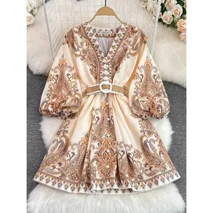 Bohemian Floral Paisley Print V-Neck Long Sleeve Dress with Puff Sleeves, Adjustable Ring Buckle Belt & Contrast Embroidered Hem - Beige/Brown