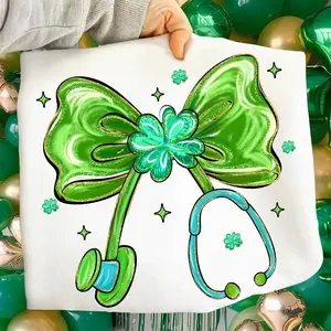 St Patricks Day Nurse Crewneck & T-shirt, Lucky Shamrock Stethoscope Coquette Bow Graphic, Preppy Holiday Outfit, Cute Nurse Apparel, Seasonal Gift Idea for Nurses and Healthcare Workers