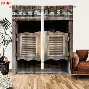 2D Flat Vintage Rustic Western Saloon Wooden Style Curtain Set, 2-Piece, Weathered Wood Grain Shutters Inspired, Faded Distressed Design for Old-Western Themed Home Decor, Brass Hinges Detail, Dark Empty Recess Aesthetic