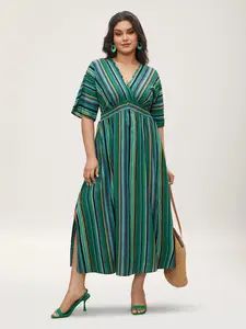 【Summer Turn-Up】Bloomchic Striped Dolman Sleeve V-Neck Half Sleeve Casual Fit Women's Summer Navy Sundress Boho Style with Side Seam Pocket for Resort Vacation Vneck Womenswear SpringStatements 2026 Summer Pick for Mother's Day