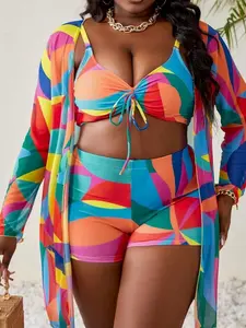3pcs Plus Size Women's Multi-Color Knitted Tropical Print Adjustable Straps Tank Top Briefs & Mesh Robe Swimsuit for Summer Beach Vacation