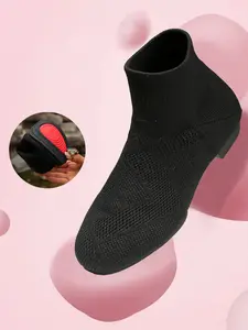 Women's Breathable Knit Ankle Boots, Square Toe Stretch Sock Booties with Cushioned Insole, Slip-On Low Block Heel Comfort Shoes for Dance, Daily Wear & Casual Outfits