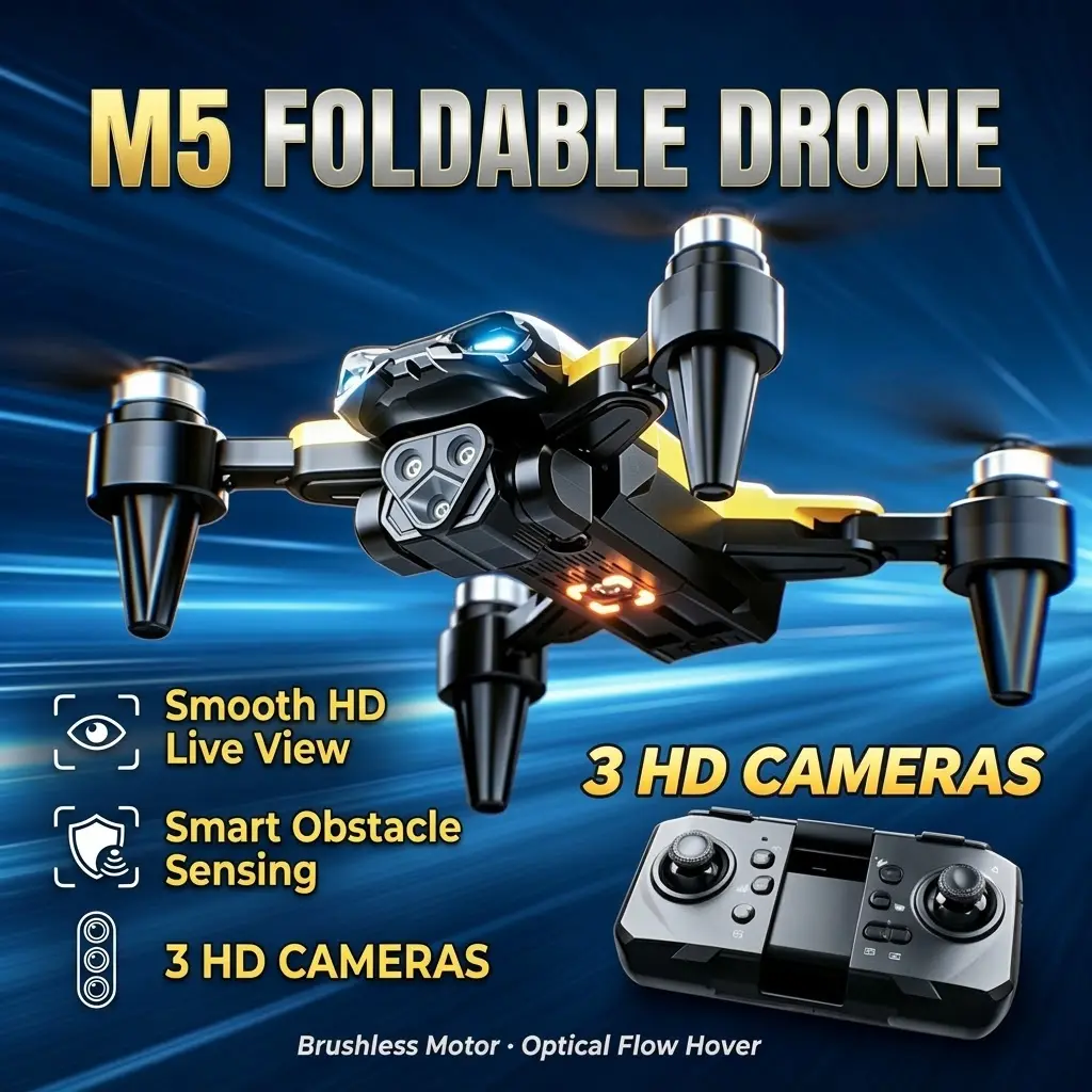 Foldable RC Quadcopter Drone with Triple HD Cameras for Aerial Shots, Brushless Motor & Optical Flow Hover, Long‑Distance Transmission, One‑Key Take‑off, Landing & Return, Lightweight & Portable, for New Pilots, Vlog, Camping and Outdoor Activities