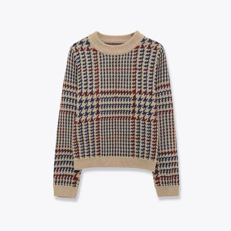 Plaid Crew Neck Sweater - Multicolor Houndstooth Pattern, Soft Knit, Casual Style, Women's Fashion Knitwear Womenswear