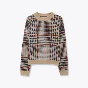 Plaid Crew Neck Sweater - Multicolor Houndstooth Pattern, Soft Knit, Casual Style, Women's Fashion Knitwear Womenswear