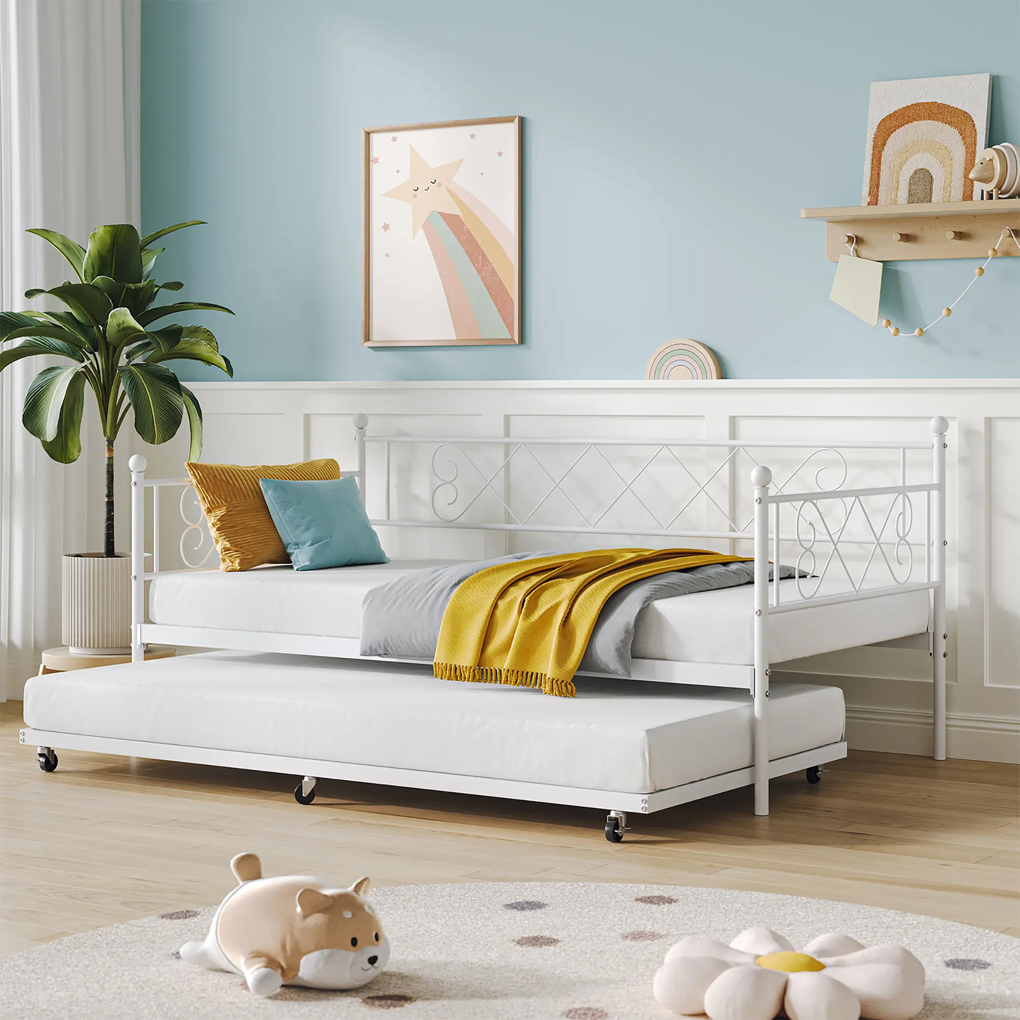 Multi-color Metal Daybed with Trundle, Modern Headboard and Solid Steel Slat Support, Box Spring Free Design, Compact Furniture for Bedroom, Living Room, Guest Room and Small Apartments