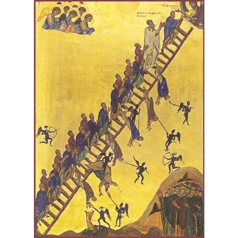 Traditional Orthodox Christian Ladder of Divine Ascent Icon, Wooden-Mounted Religious-Themed Home Decor, Ideal Gift for Religious Decorations, Religious-Themed Religious Decorations
