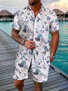 Men's Plant Floral Print Two-Piece Set, Short Sleeve Shirt & Drawstring Shorts, Casual Summer, Pocket Design, Fitted Style, Clothes