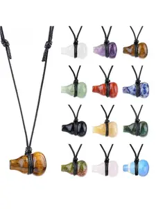 Random 5pcs Set Lucky Gourd Natural Stone Necklace, Handmade Adjustable Sweater Chain, Feng Shui Jewelry, Metal Coating, Artificial Crystal