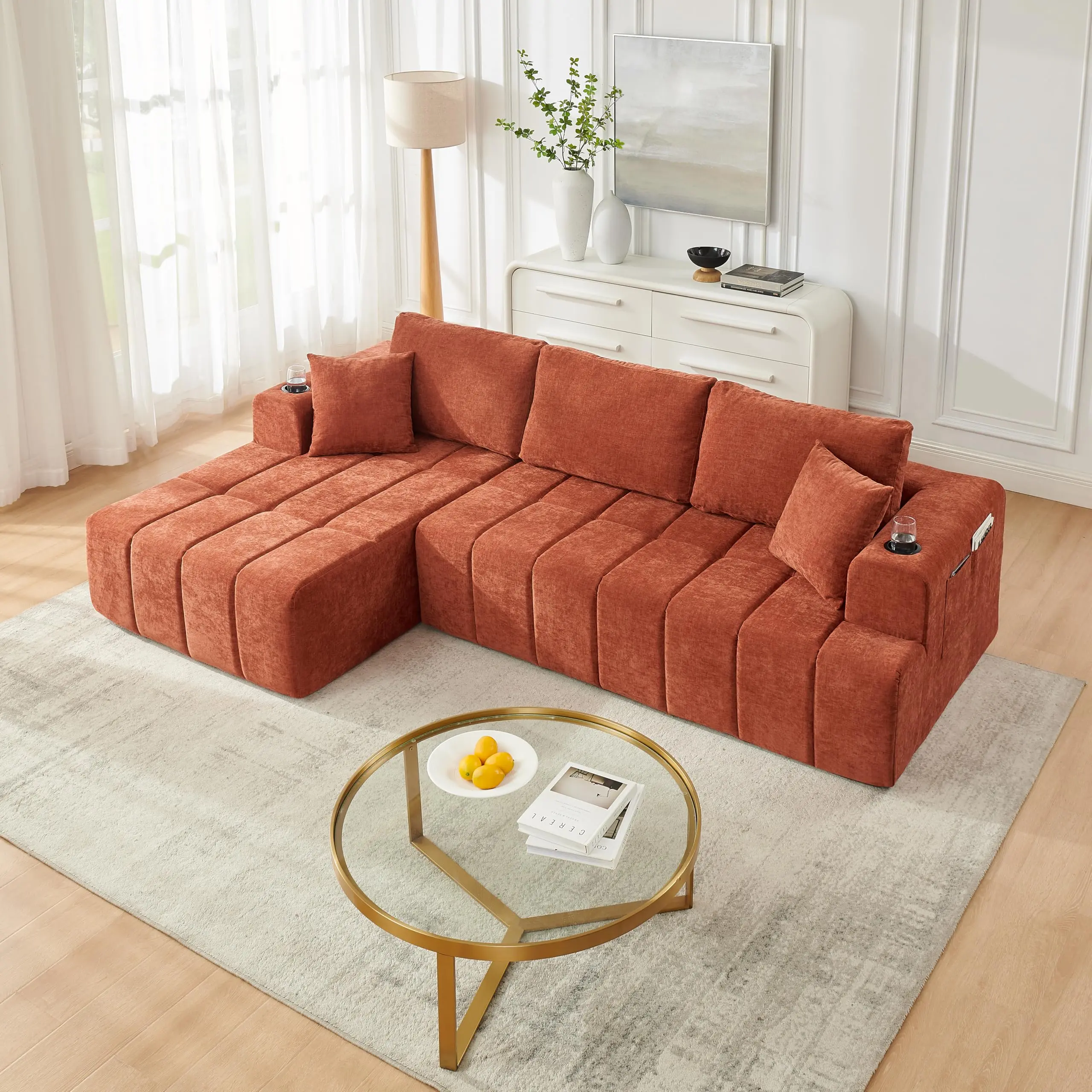 108" Oversized Cloud Boneless L-Shaped Modular Sectional Couch, Modern Tufted Chenille Deep Seat Corner Upholstered Sectional with Cupholders & Storage, No-Assembly Indoor Living Room Sofas Living Room Lounge Sofa Contemporary Couch Set Furniture