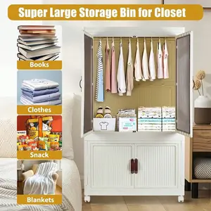 Portable Closet Wardrobe with Hanging Rod, Doors, 10 Hangers, Folding Lidded  Bins, Stackable  Box, Collapsible Plastic Clothes Cabinet with Wheels