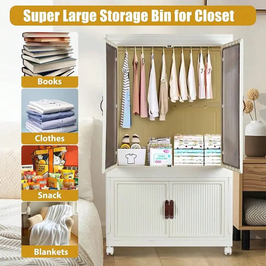 Portable Closet Wardrobe with Hanging Rod, Doors, 10 Hangers, Folding Lidded  Bins, Stackable  Box, Collapsible Plastic Clothes Cabinet with Wheels