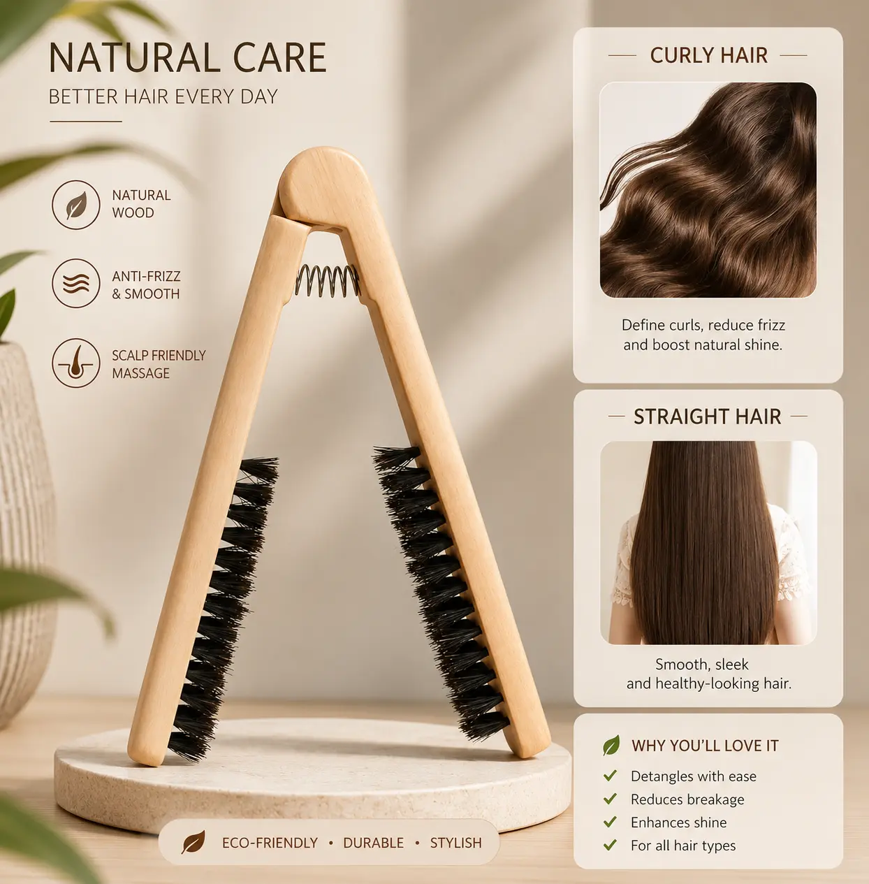 Solid Wood Hair Straightener Comb, Anti-Scald V-Shaped Boar-Bristle Styling Brush, Heat-Resistant Comb for Straightening and Curling Hair, Professional Salon Quality