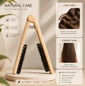 Solid Wood Hair Straightener Comb, Anti-Scald V-Shaped Boar-Bristle Styling Brush, Heat-Resistant Comb for Straightening and Curling Hair, Professional Salon Quality
