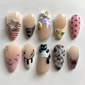 CYBER KITTEN | 3D Cat & Music Note Press On Nails | Y2K Star Polka Dot Fake Nails | Kidcore Cybercore Aesthetic | Custom Black & Pink Coffin Set 2026