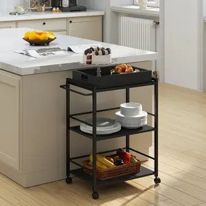 Bar Cart for the Home, Large 3-Tier Kitchen Serving Cart with Wheels, Rolling Bar Cart with Removable Serving Tray