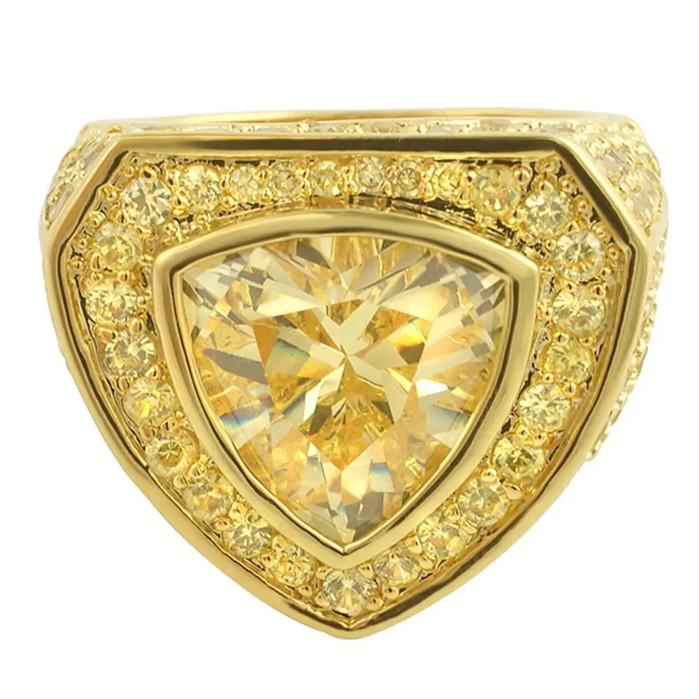 Men's Iced Out Ring with Trillion Cut Lemonade Cubic Zirconia, Micro Pave Statement Hip Hop Jewelry, Cubic Zirconia Rings, Iced Out Rings