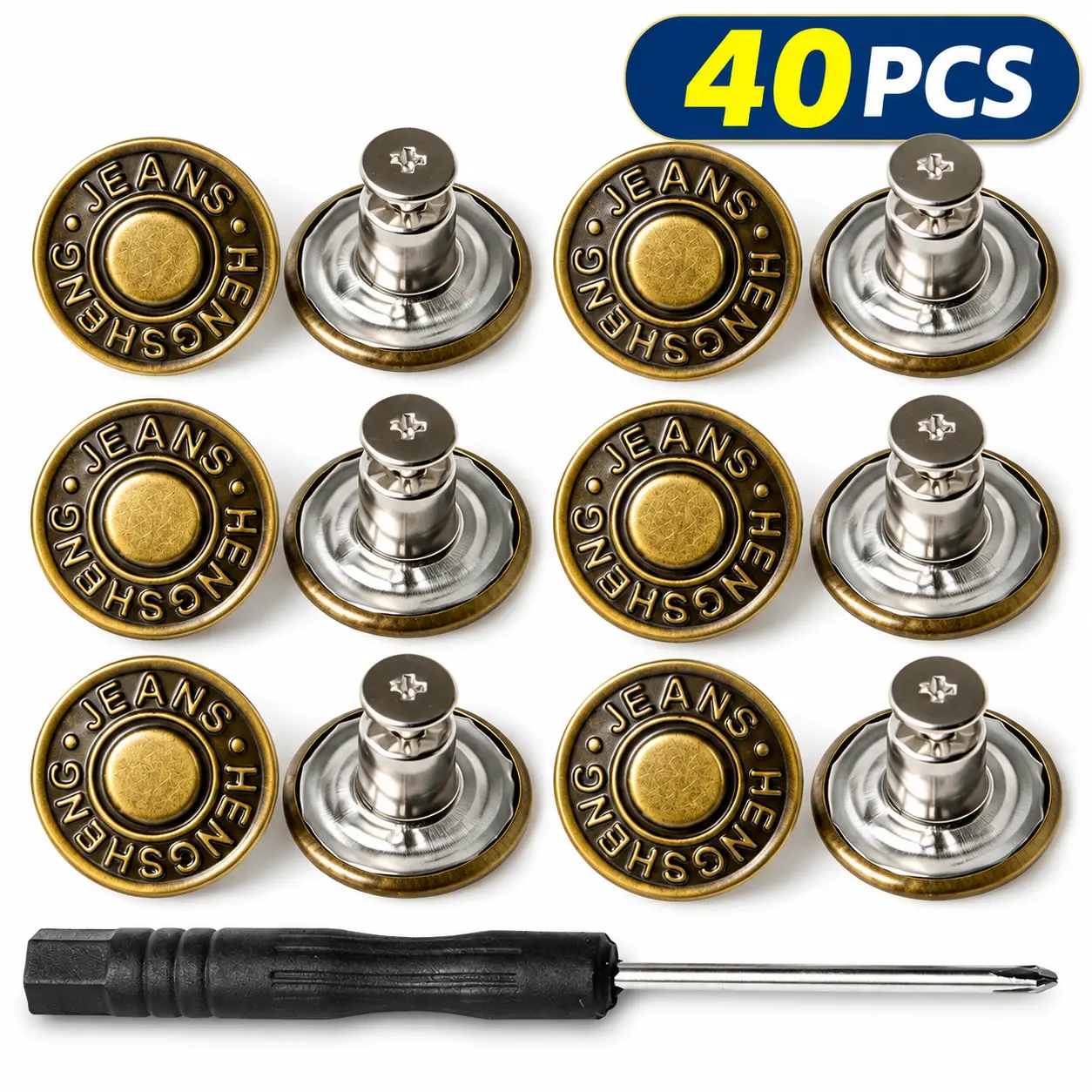 40PCS 17mm No-Sew Metal Jeans Buttons Replacement Kit, Clothing Repair Tools with Screwdriver, Easy-Installation Garment Rivets for Pants DIY Sewing Projects