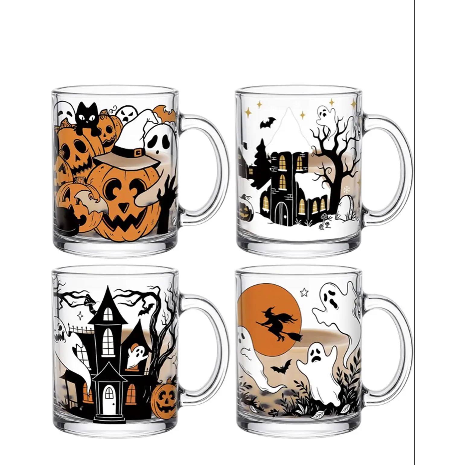Halloween Coffee Cups Set of 4 - Festive Designs with Pumpkins, Ghosts, and Spooky Scenes for Your Coffee Time