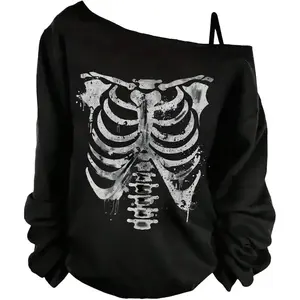 Women's Plus Size Gothic Skull Graphic Tees Asymmetrical Neck Long Sleeve T Shirt Loose Y2K Tops