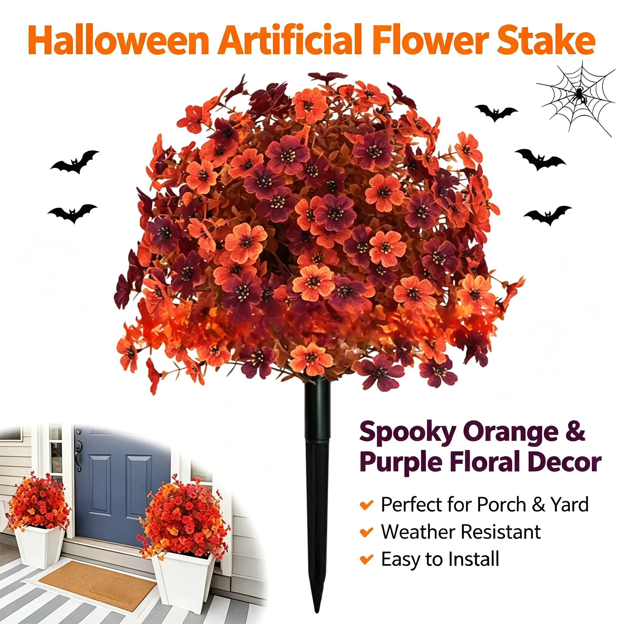 Halloween Artificial Orange-Purple Flower Stake, Weather-Resistant Fall Decor, Easy-To-Install Outdoor Floral Ornament for Spooky Party, Garden
