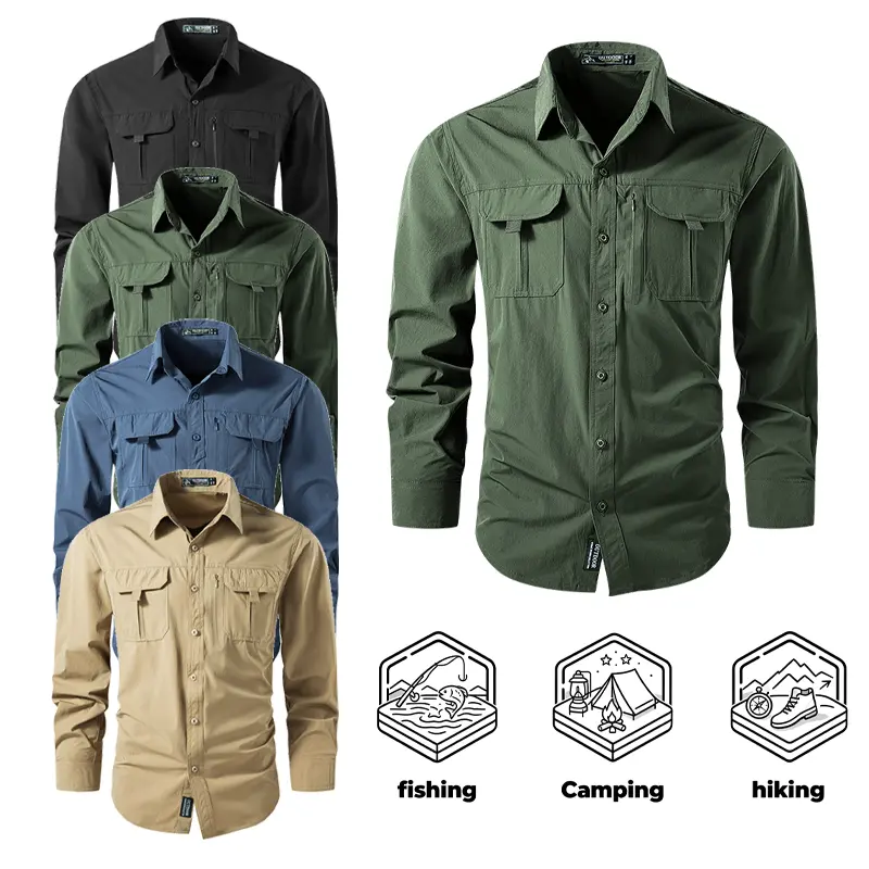 Men's Quick Dry Long Sleeve Button Up Shirts Multi Zip Chest Pockets Breathable Lightweight Outdoor Fishing Camping Hiking Travel Casual Work Shirts style short button-down