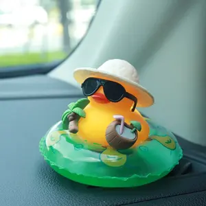 A summer duck car decoration-tropical beach dashboard statue featuring coconut and green buoy ring, non-slip car accessories suitable for men and women, and interesting gifts for friends (including sticky pads)