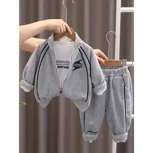 3pcs Fashion Set + Lightning Print Zip-Up Jacket + Letter Print T-Shirt + Casual Pants, Stylish And Versatile, Comfortable to Wear, Suitable for Autumn And Winter, Back-To-School Season, Daily Wear, Halloween, Christmas Styles