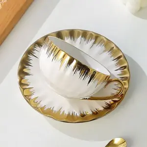 Espresso Cup and Saucer Set 2.5 oz Porcelain 6-Piece Coffee Cup Set with Gold Trim Mini Espresso Cups and White Kitchenware - Water Glasses Homeware, Beverageware