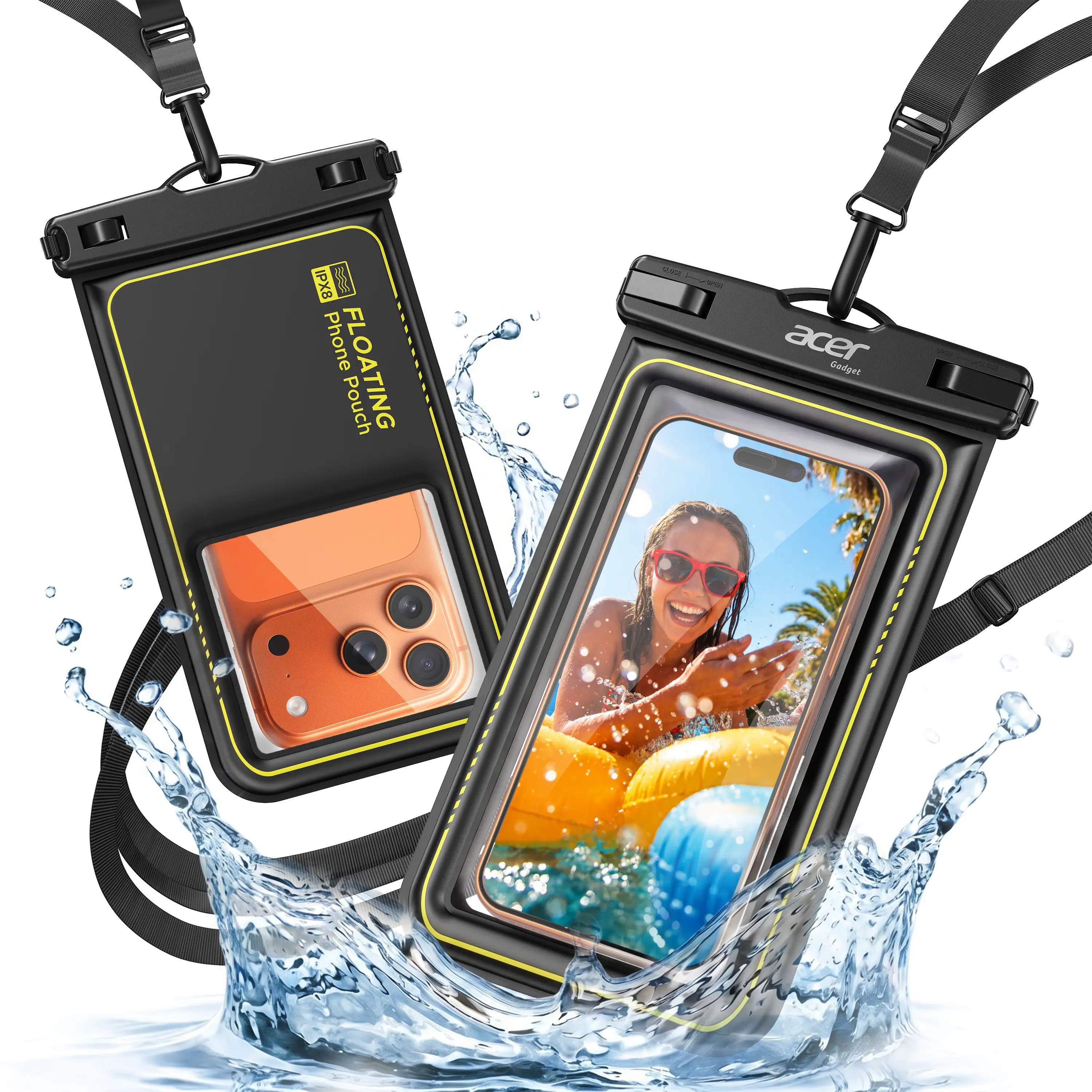acer Floating Waterproof Phone Pouch, IPX8 Waterproof Phone Case 2 Pack Cell-Foam & Sensitive Touch, Beach/Cruise/Kayak/Ship Essentials for iPhone 17/16/15 Pro Max, Galaxy S25 Ultra - 7"