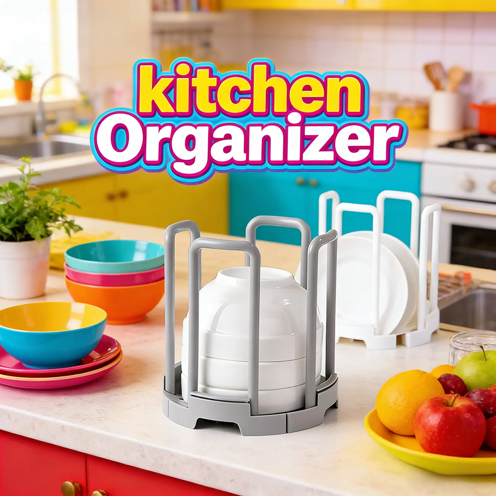 SICANDAENHK 2-Piece Round Plastic Universal 1-Layer Expandable Stable Kitchen Bowl & Plate Rack Set - Space-Saving, Compact Folded Size, Durable, Adjustable Countertop Organizer with Draining Boards, 5-10 Kg Capacity, Home Supply