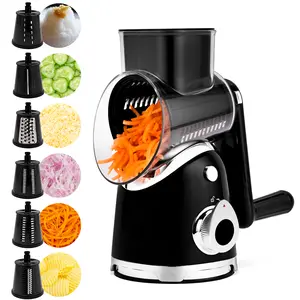SUSTEAS Rotary Food Cheese Grater with 6 Replaceable 18/10 Stainless Steel Blades, Strong Suction Base, Kitchen Utensils Vegetable Cutting Slicer New Black