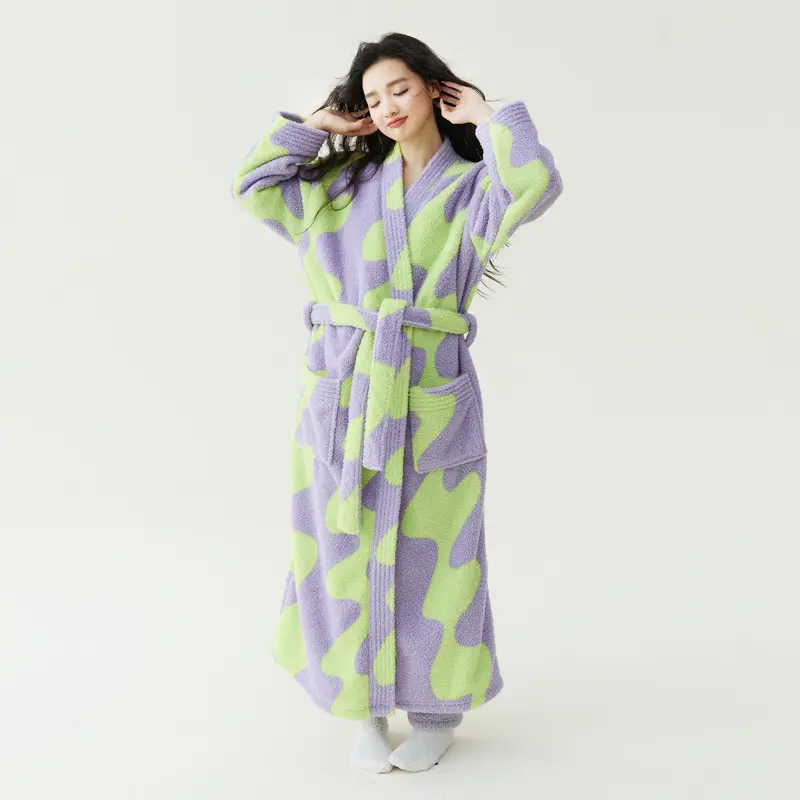 Wyeysyt Women's Thick Coral Fleece Full-Length Kimono Bathrobe, Anti-Static Warm Soft Housecoat with Belt & Pockets, Winter Sleepwear Loungewear, Antistatic