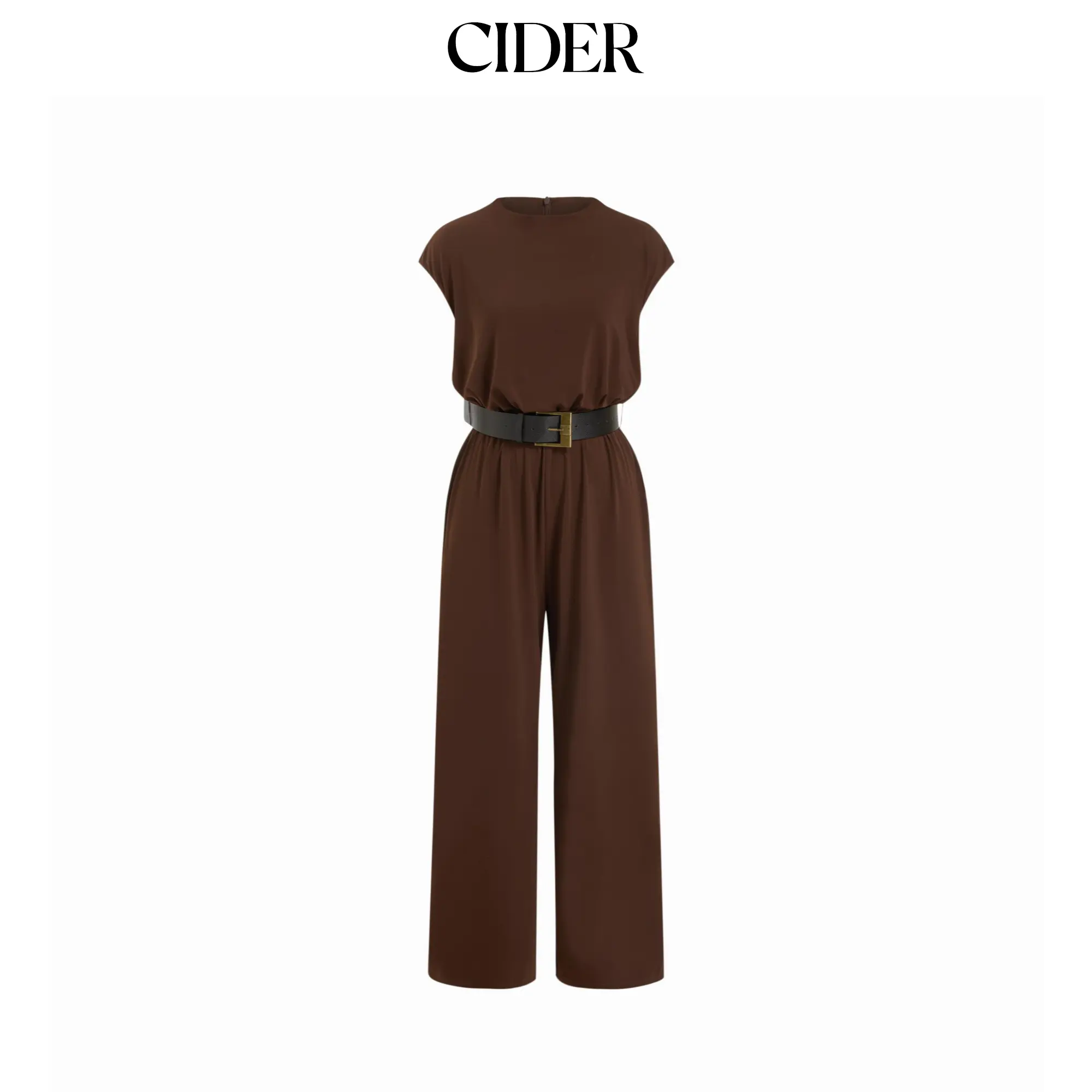 Cider  Round Neckline Oversized Jumpsuit with Belt