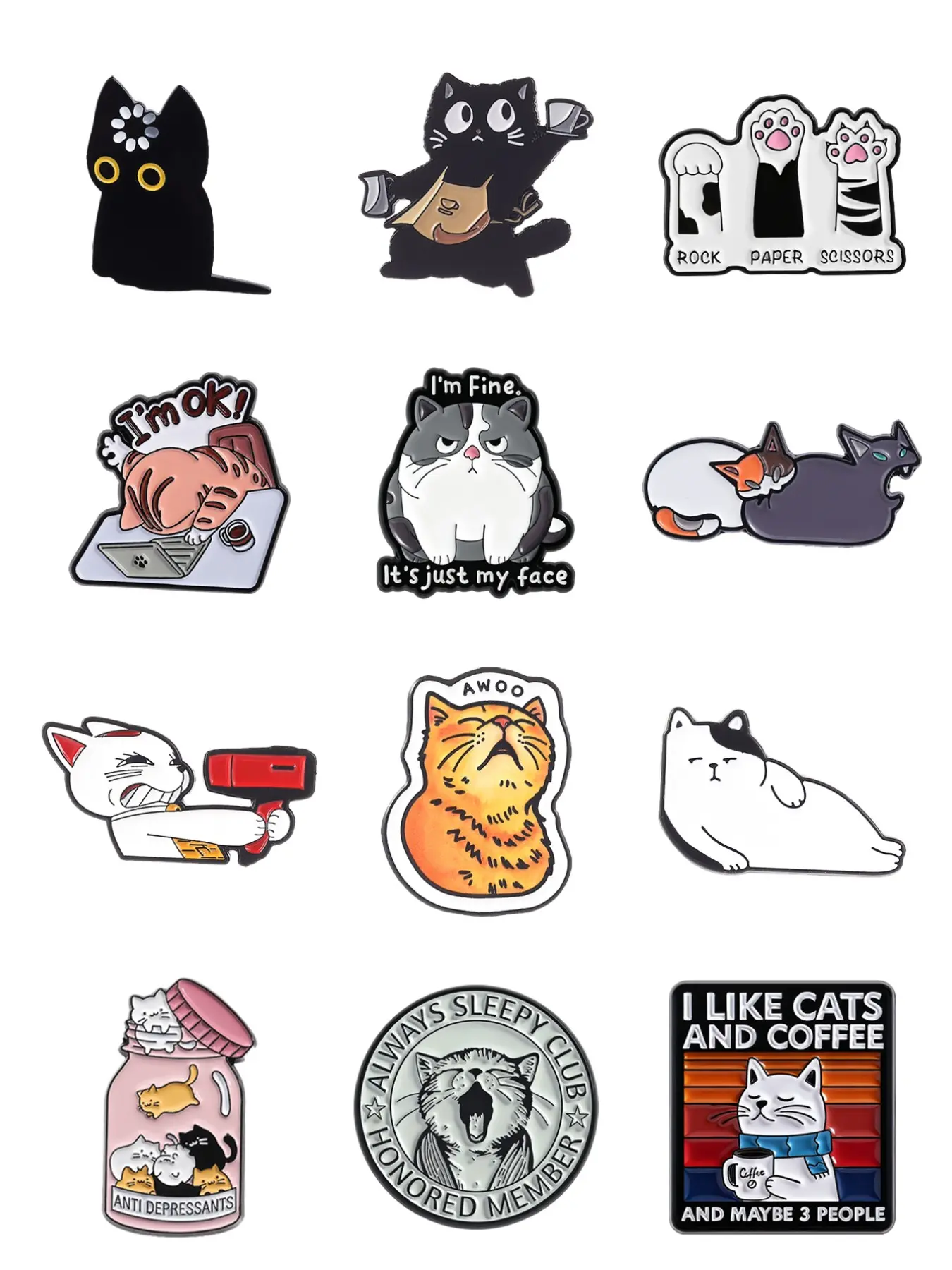 12-Piece Fun Enamel Pin Charm Set, Adorable Cat Coffee Pins, Cute Cat Claw Badges, Perfect Gift for Cat Lovers & Introverts, Durable Metal Pins, Lapel Pins, Lapel Brooch, Decor Pins