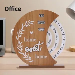 Wooden Creative Calendar Perpetual Home Decor Office Desktop Ornament Manual Rotating Desk Calendar, Stylish & Functional Design
